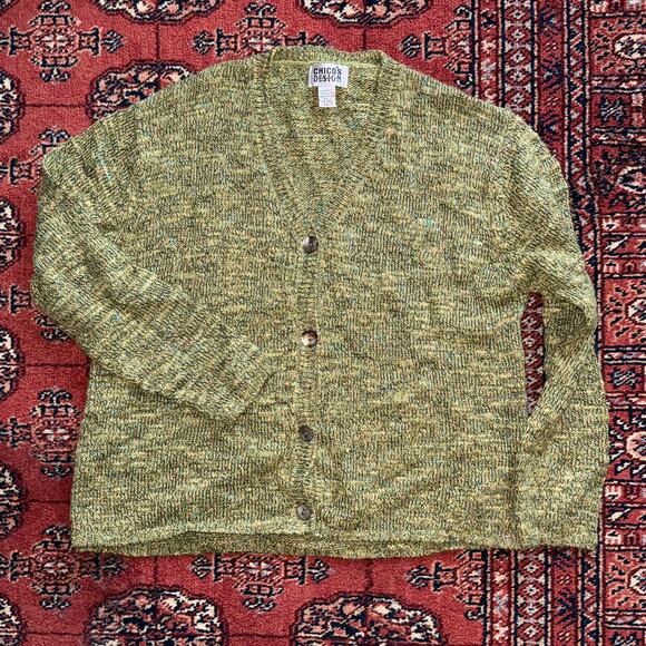 Chico’s Design Size 1 (M) Marled Green V-Neck Cardigan Sweater w/ MOP Buttons - Picture 1 of 3